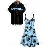 Hawaii Palm Tree Print Vacation Spaghetti Strap V Neck A Pendulum Mini Dress And Short Sleeve Shirt Matching Outfit