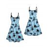 Hawaii Palm Tree Print Vacation Spaghetti Strap V Neck A Pendulum Mini Dress And Short Sleeve Shirt Matching Outfit - Bleu clair S | US 4