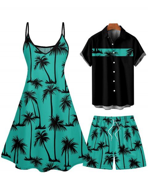 Vacation Style Palm Tree Printed Strapless Dress with Mens Short Sleeve Shirt and Mens Beach Pants Three Piece Set