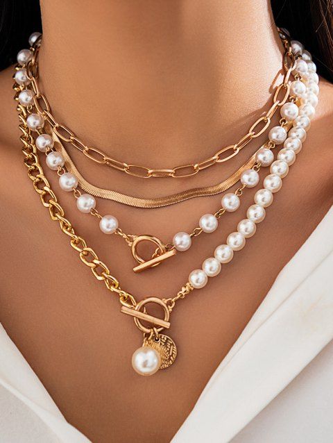 Ensemble de Collier Géométrique Pendant Superposé en Fausse Perle 4 Pièces