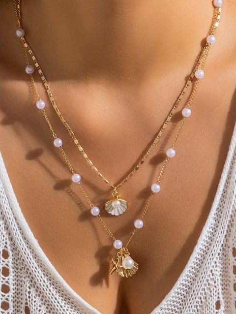 Ensemble de Collier de Plage Superposé Coquille et Etoile de Mer en Fausse Perle 2 Pièces