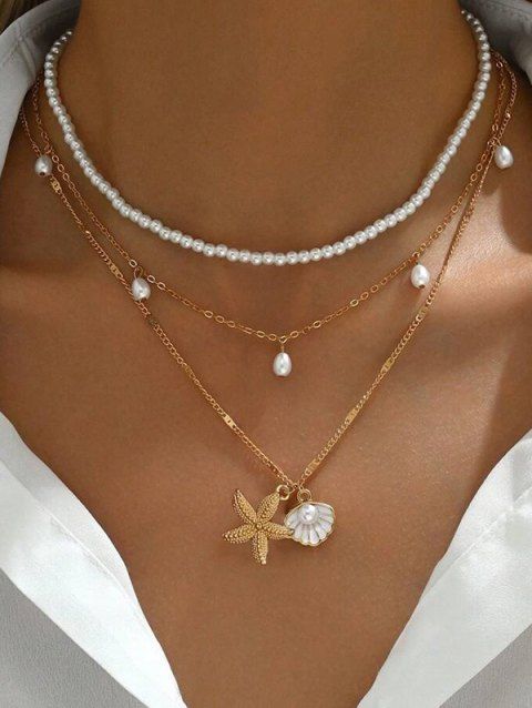 Collier de Plage Superposé Coquille Etoile de Mer en Fausse Perle 3 Pièces