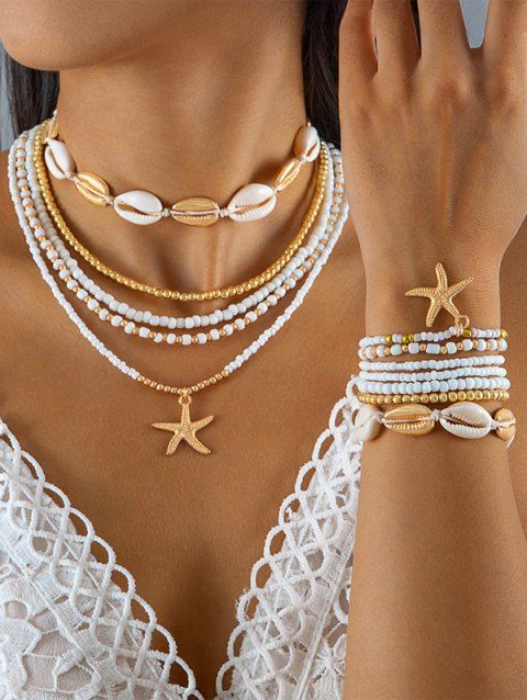 Ensemble de Collier et de Bracelet de Plage Pendant Perlé Etoile de Mer 12 Pièces