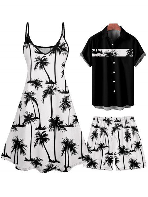 Vacation Style Palm Tree Printed Strapless Dress with Mens Short Sleeve Shirt and Mens Beach Pants Three Piece Set