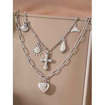 2 Pcs Vintage Sun Cross Heart Mermaid Tail Shell Pendant Beach Layered Necklace Set