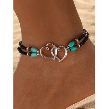 Double Heart Beaded Vacation Ankle Chain Turquoise Layer Chain