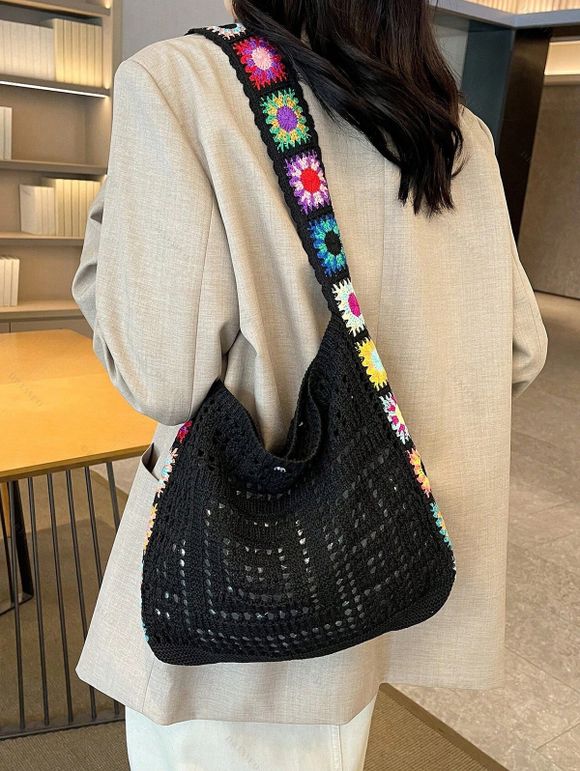 Sac à Bandoulière Fleur Tressé Evidé Ajustable à Bretelle - Noir 