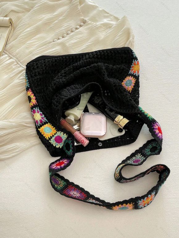 Sac à Bandoulière Fleur Tressé Evidé Ajustable à Bretelle - Noir 