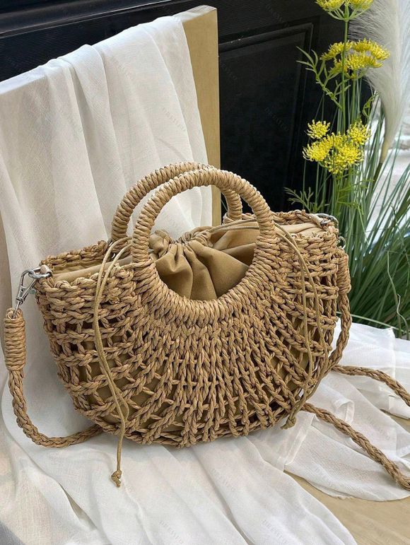 Sac à Main Tressé en Couleur Unie Multi-Usage pour la Plage - café 