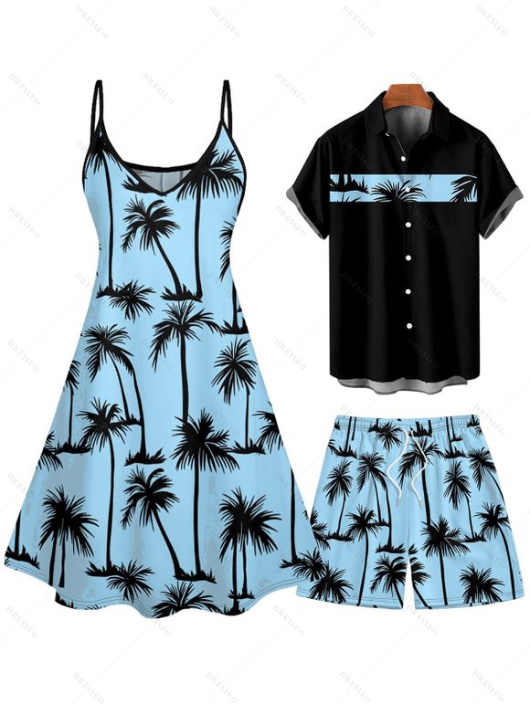 Vacation Style Palm Tree Printed Strapless Dress with Mens Short Sleeve Shirt and Mens Beach Pants Three Piece Set - Bleu clair S | US 4