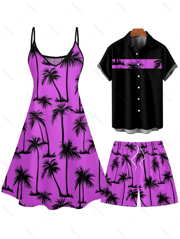 Vacation Style Palm Tree Printed Strapless Dress with Mens Short Sleeve Shirt and Mens Beach Pants Three Piece Set - Pourpre S | US 4