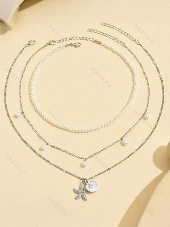 Collier de Plage Superposé Coquille Etoile de Mer en Fausse Perle 3 Pièces - multicolor A 