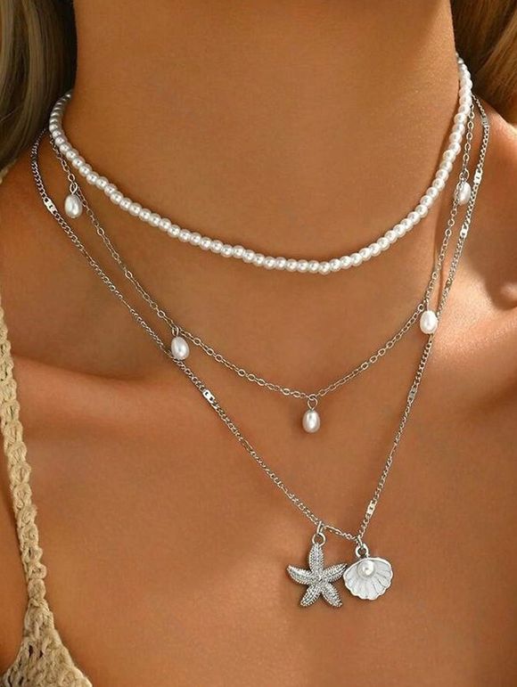 Collier de Plage Superposé Coquille Etoile de Mer en Fausse Perle 3 Pièces - multicolor B 