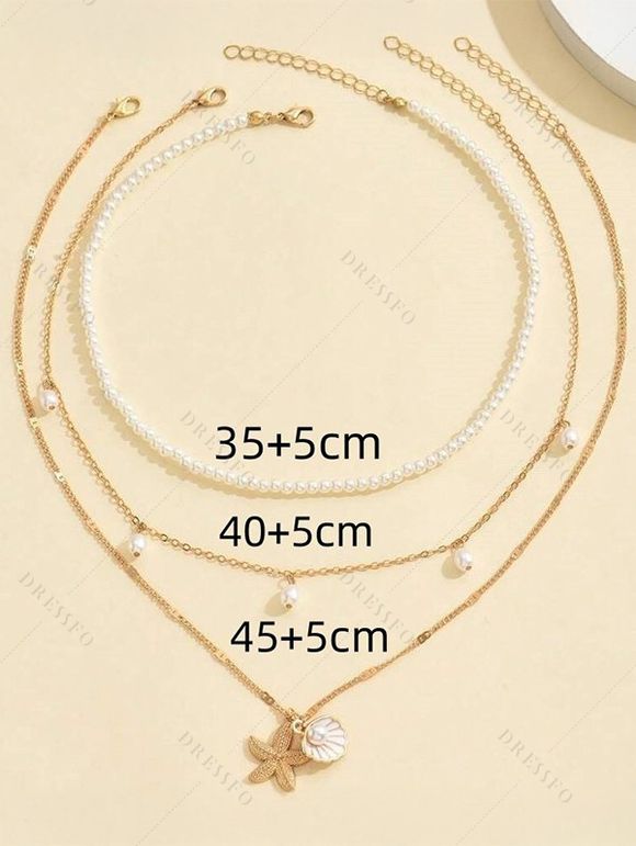 Collier de Plage Superposé Coquille Etoile de Mer en Fausse Perle 3 Pièces - multicolor B 