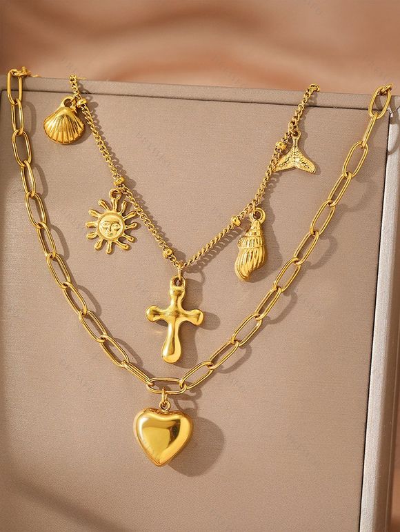 Ensemble de Collier de Plage Vintage Sirène Croisé Superposé en Métal 2 Pièces - d'or 