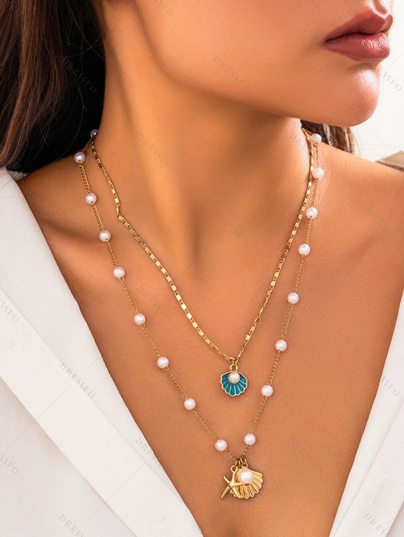 Ensemble de Collier de Plage Superposé Coquille et Etoile de Mer en Fausse Perle 2 Pièces - multicolor B 