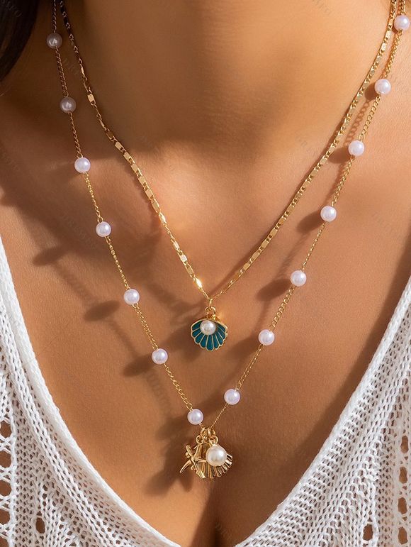 Ensemble de Collier de Plage Superposé Coquille et Etoile de Mer en Fausse Perle 2 Pièces - multicolor B 