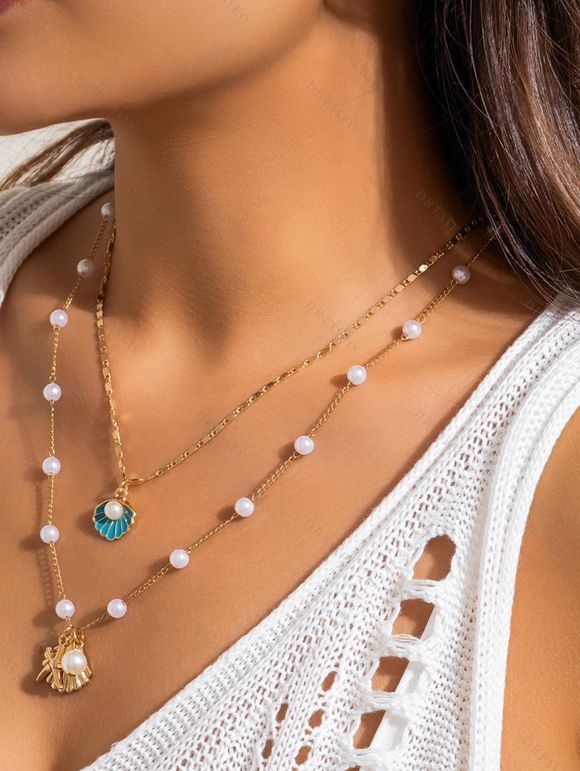Ensemble de Collier de Plage Superposé Coquille et Etoile de Mer en Fausse Perle 2 Pièces - multicolor B 