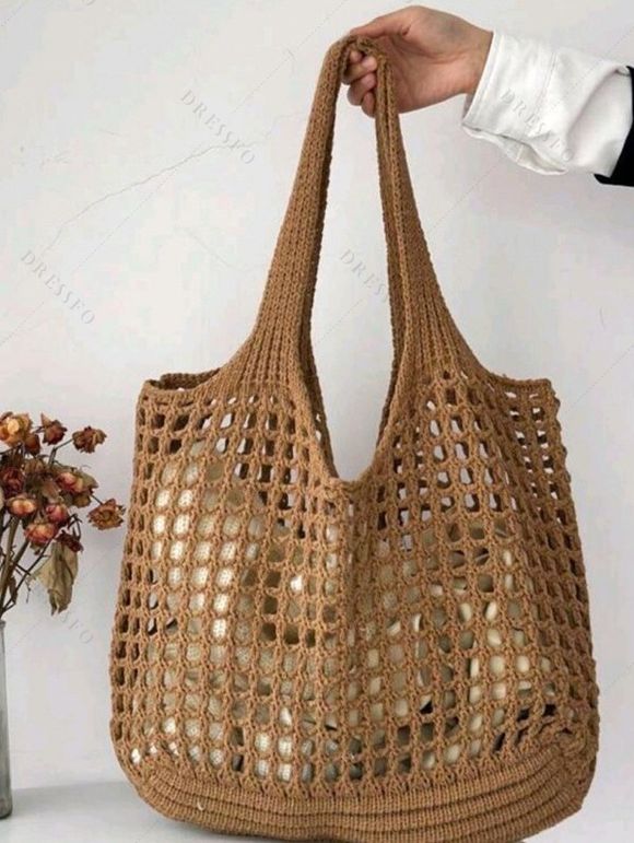 Sac Fourre-tout de Plage Evidé Zippé en Couleur Unie - café lumière 