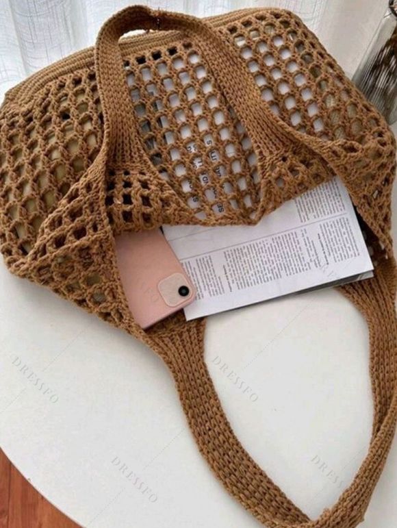 Sac Fourre-tout de Plage Evidé Zippé en Couleur Unie - café lumière 