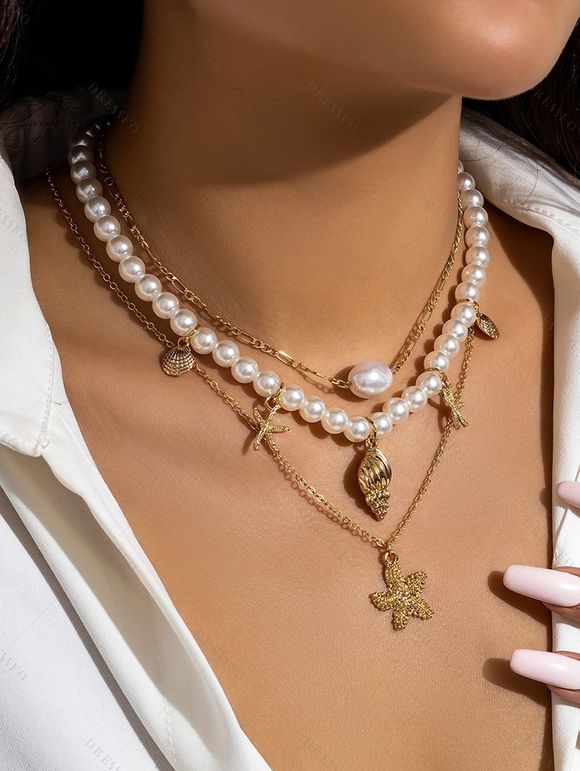 3 Pièces Ensemble de Collier avec Pendentif Etoile de Mer Coquillage et Perle Fantaisie pour Plage - multicolor A 