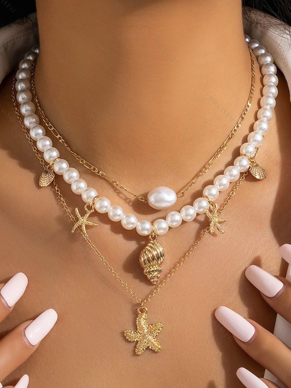 3 Pièces Ensemble de Collier avec Pendentif Etoile de Mer Coquillage et Perle Fantaisie pour Plage - multicolor A 