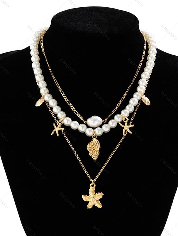 3 Pièces Ensemble de Collier avec Pendentif Etoile de Mer Coquillage et Perle Fantaisie pour Plage - multicolor A 