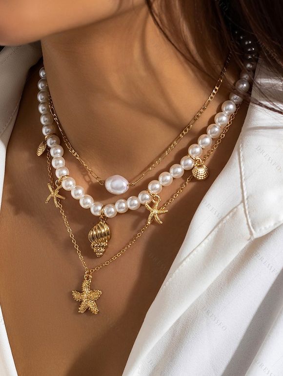 3 Pièces Ensemble de Collier avec Pendentif Etoile de Mer Coquillage et Perle Fantaisie pour Plage - multicolor A 