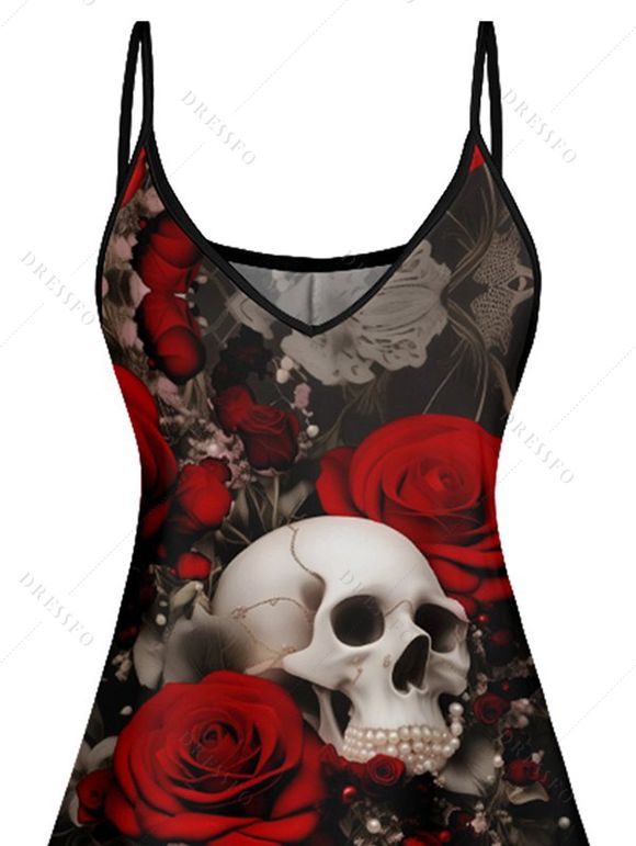 Mini Robe Ligne A Gothique Rose Crâne Imprimés à Bretelle Fine - Noir XXXL | US 16