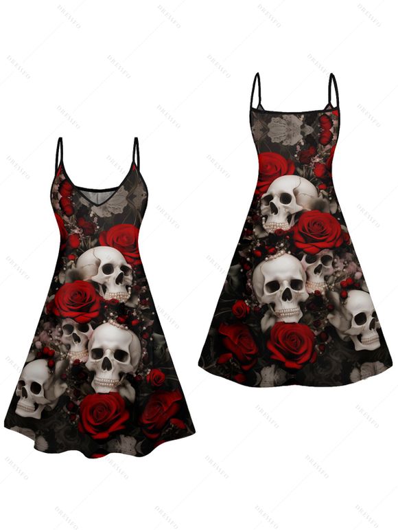 Mini Robe Ligne A Gothique Rose Crâne Imprimés à Bretelle Fine - Noir XXXL | US 16