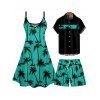 Vacation Style Palm Tree Printed Strapless Dress with Mens Short Sleeve Shirt and Mens Beach Pants Three Piece Set