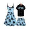 Vacation Style Palm Tree Printed Strapless Dress with Mens Short Sleeve Shirt and Mens Beach Pants Three Piece Set