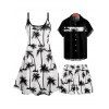 Vacation Style Palm Tree Printed Strapless Dress with Mens Short Sleeve Shirt and Mens Beach Pants Three Piece Set