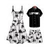 Vacation Style Palm Tree Printed Strapless Dress with Mens Short Sleeve Shirt and Mens Beach Pants Three Piece Set - Blanc S | US 4