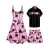 Vacation Style Palm Tree Printed Strapless Dress with Mens Short Sleeve Shirt and Mens Beach Pants Three Piece Set - Rose clair S | US 4