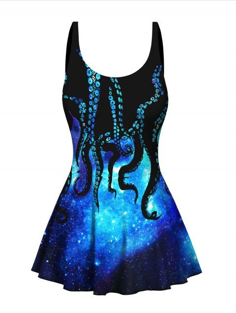 Galaxy Octopus Print One-piece Swimsuit Bowknot Bathing Padded Beach Swimwear