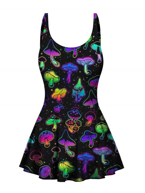 Maillot de Bain 1 Pièce à Coupe Basse Imprimé Champignon Coloré avec Noeud Papillon