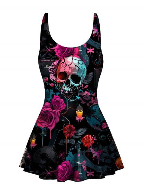 Maillot de Bain 1 Pièce Gothique Rembourré à Rose et Crâne à Noeud Papillon