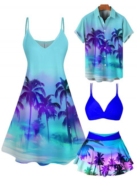 Hawaii Couple Outfit Omber Palm Tree Print Spaghetti Strap Mini Dress and Crossover Layered Skirtini Bikini Swimsuit and Roll Up Sleeve Shirt Matching Outfit