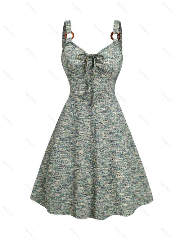 Vacation Outfit Heather Textured Bowknot Empire Waist Ruched Bust O Ring Strap Dress and Braided Bead Hollow Out Tassel O Ring Waist Belt Shoulder Bag Outfit - Vert clair S | US 4