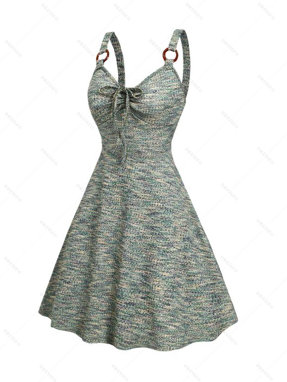 Vacation Outfit Heather Textured Bowknot Empire Waist Ruched Bust O Ring Strap Dress and Braided Bead Hollow Out Tassel O Ring Waist Belt Shoulder Bag Outfit - Vert clair S | US 4