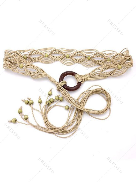 Vacation Outfit Heather Textured Bowknot Empire Waist Ruched Bust O Ring Strap Dress and Braided Bead Hollow Out Tassel O Ring Waist Belt Shoulder Bag Outfit - Vert clair S | US 4