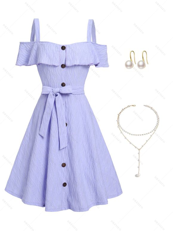 Casual Outfit Geometric Textured Mock Button Off the Shoulder Strap Ruffle Belt Dress and Faux Pearl Beaded Layer Necklace Artificial Pearl Earrings Outfit - Violet clair S | US 4