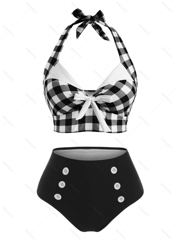 Maillot de bain tankini gainant à carreaux vintage, style corset, faux boutons, idéal pour la plage. - multicolor D S