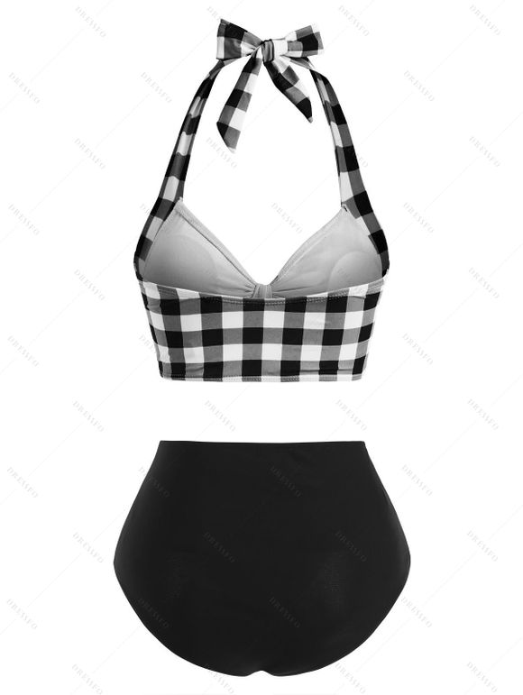 Maillot de bain tankini gainant à carreaux vintage, style corset, faux boutons, idéal pour la plage. - multicolor D S