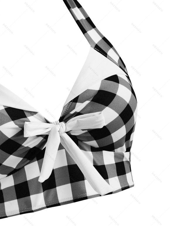 Maillot de bain tankini gainant à carreaux vintage, style corset, faux boutons, idéal pour la plage. - multicolor D S