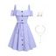 Casual Outfit Geometric Textured Mock Button Off the Shoulder Strap Ruffle Belt Dress and Faux Pearl Beaded Layer Necklace Artificial Pearl Earrings Outfit - Violet clair S | US 4