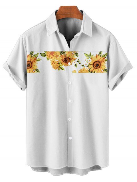 Chemise Décontractée Motif de Tournesol à Manches Roulées pour Homme
