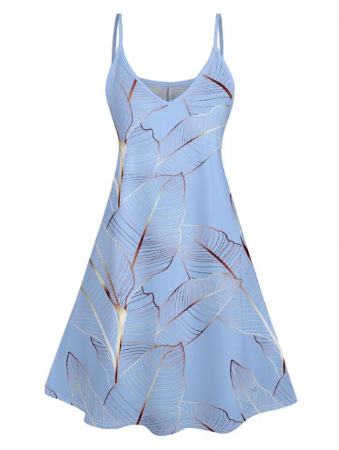 Mini Robe Ligne A Motif de Feuille Tropicale à Bretelle Fine