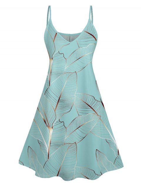 Mini Robe Ligne A Motif de Feuille Tropicale à Bretelle Fine